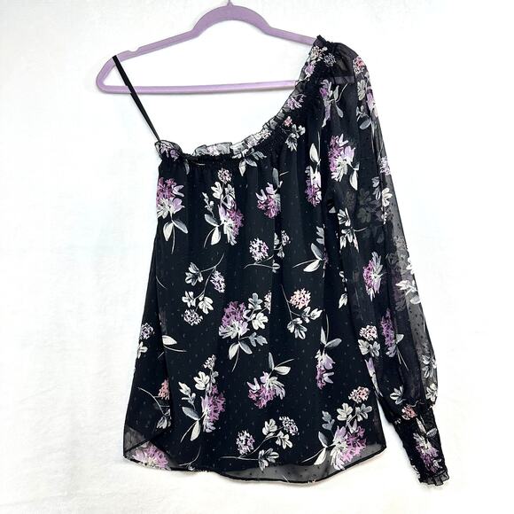 WHBM‎ Medium One Shoulder Blouse Whimsigoth Floral Purple Black Moody Midnight - Picture 4 of 9